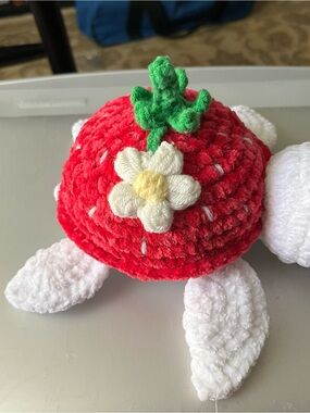 Handmade Crochet Plushie Strawberry Turtle 9”x 8” Chenille Yarn White/Hot Pink